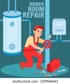 Boiler Repair Room Banner. Metal Modern Hot Water Heating System In Basement House Vector Illustration. Man Plumber Repairman Install Maintenance Gas Electric Heater Steel Tank Pipeline