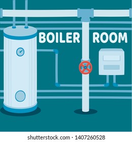 Boiler Room Banner. Hot Water Boiler Repair. Metal Modern Hot Water Heating Circulation System Equipment In Basement Vector Illustration. Gas Electric Heater Technology Temperature Control