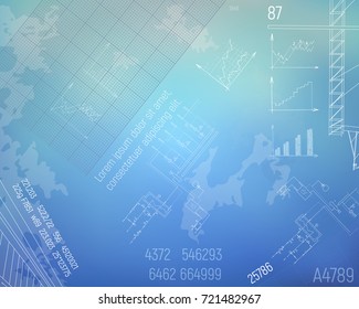 Boiler Room engineering drawings on the blue background. Gas home heating. Technology blueprint vector illustration.