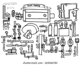 Boiler room equipment, engineering systems. Sketch. Vector file. Gas, heat, cold and hot water. Utilities. Boiler room operator, locksmith.