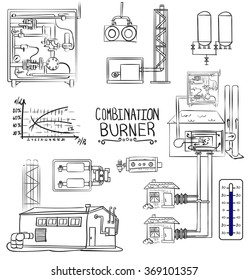 Boiler room equipment, engineering systems. Sketch. Vector file. Gas, heat, cold and hot water. Utilities. Boiler room operator, locksmith.