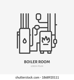 Boiler room flat line icon. Vector outline illustration of water heating. Black color thin linear sign for home interior.