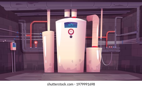 Boiler room, hvac with water heater, pipes and sensors on wall. Modern home household central system equipment for heating, ventilation and air conditioning climate control Cartoon vector illustration