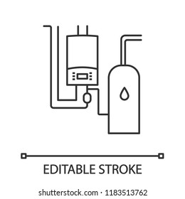 Boiler room linear icon. Workshops, stores, pavilions, salons heating. Thin line illustration. Commercial or industrial central heating system. Vector isolated outline drawing. Editable stroke