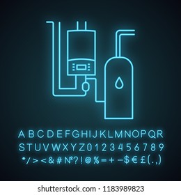 Boiler room neon light icon. Workshops, stores, pavilions, salons heating. Commercial or industrial central heating system. Glowing sign with alphabet, numbers and symbols Vector isolated illustration