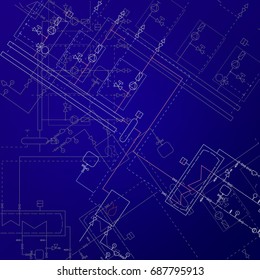 Boiler room technical drawings vector illustration. Heater engineering project. Blue background and white equipment.