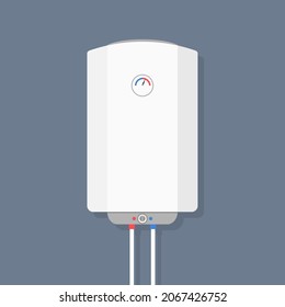 Heizkessel für Kesselwasser. Zylinder-Elektrokessel. Flaches Icon des Tanks des Geysirers. Startseite intelligente Vorrichtung für heißes Wasser. Sicherheitsausrüstung für den Hausgebrauch. Heizung mit Paneel, Schalter und Rohr. Vektorgrafik.