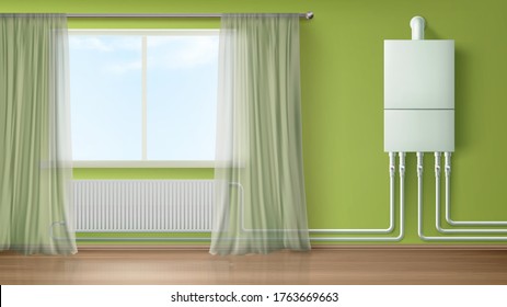 Boiler water heater on wall connected with radiator in room with plastic tubes and curtained window. Home appliance for comfort modern central heating system equipment Realistic 3d vector illustration