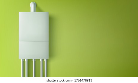 Boiler water heater with plastic tubes on green empty wall background. Home bathroom appliance for comfort life. Modern household central heating system equipment Realistic 3d vector illustration