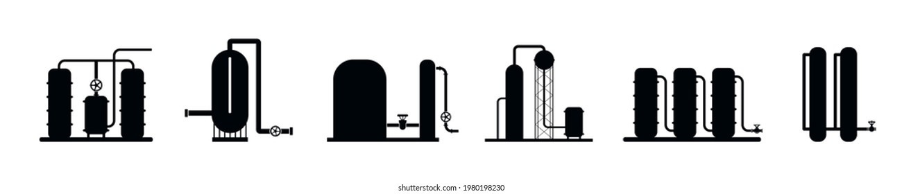 Boilers and barrels set icons, factory and plant, industrial zones isolated sign - stock vector