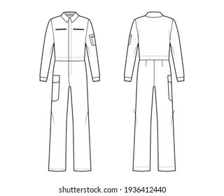 Boilersuit coverall Dungaree jumpsuit technical fashion illustration with full length, normal waist, high rise, pockets, long sleeves. Flat front back, white color style. Women, men unisex CAD mockup