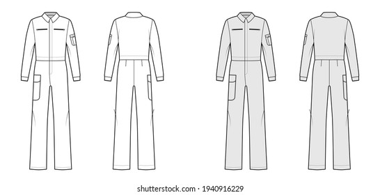 Boilersuit coverall Dungaree jumpsuit technical fashion illustration with full length, normal waist, high rise, pockets, long sleeves. Flat front back, white, grey color. Women, men unisex CAD mockup