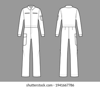 Boilersuit coverall Dungaree jumpsuit technical fashion illustration with full length, normal waist, high rise, pockets, long sleeves. Flat front back, white color style. Women, men unisex CAD mockup