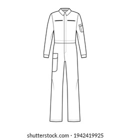 Boilersuit coverall Dungaree jumpsuit technical fashion illustration with full length, normal waist, high rise, pockets, long sleeves. Flat front, white color style. Women, men unisex CAD mockup