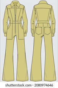 BOILERSUIT OR  JUMPSUIT WITH UTILITY DETAIL FOR WOMEN AND YOUNG WOMEN IN EDITABLE VECTOR FILE