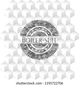 Boiler-suit retro style grey emblem with geometric cube white background