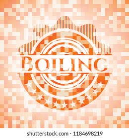 Boiling abstract emblem, orange mosaic background