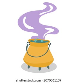 A boiling, bubbling yellow cauldron. The concept of making a fragrant potion. The concept of the supernatural. Alchemy. Isolated white background. Vector illustration.