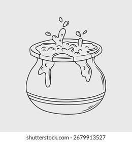 Caldeirão fervente com poção borbulhante. Ilustração de Linha Fina.