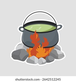 Boiling Cauldron with Fire Sticker. Cartoon vector sticker of a cauldron with green liquid boiling over a campfire, perfect for cooking and outdoor themes