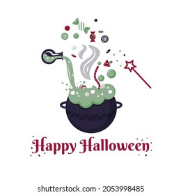 Boiling cauldron with magic potion. Decorative elements for Halloween celebrations, candies, worm, magic wand, mushrooms. Holiday Accessories. Flat vector illustration for poster, banner, etc.