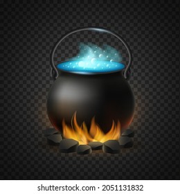 Boiling cauldron of magic potion isolated. Warming up burning black coals of pot of blue bubbling potion symbol of witchcraft and vector halloween