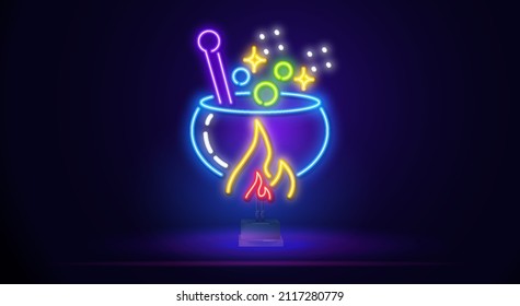 A boiling cauldron with neon for potions. A Halloween party. Happy Halloween. Neon lamp, arc, bus, tube. Isolated vector stock illustration