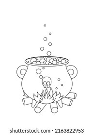 Boiling cauldron with potion. Black and white witch cauldron. Color me. Isolated vector illustration eps