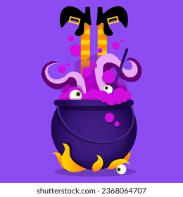 Boiling cauldron with potion, witch legs and octopus tentacles