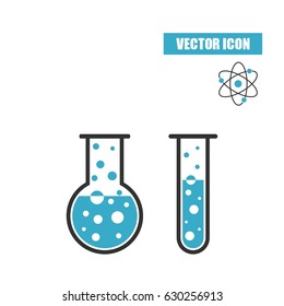 Boiling chemistry flask, atom and test tube icon isolated on white background