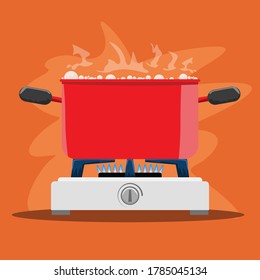 Boiling Cooking pot on gas stove. Flat and solid color vector illustration.