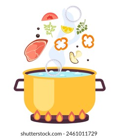 Concepto aislado de sopa de cocina hirviendo. Ilustración de Diseño gráfico de dibujos animados plano de Vector