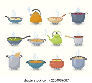 boiling food. kitchen utensils with steaming products frying pots on gas stove. Vector collection pictures in cartoon style