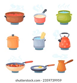 Boiling food on stove. Cooking smell foods pot on cooker with gas fire flames, cook heat soup in stainless saucepans, open steam pans saute kettle cartoon neat vector illustration of cooking utensil