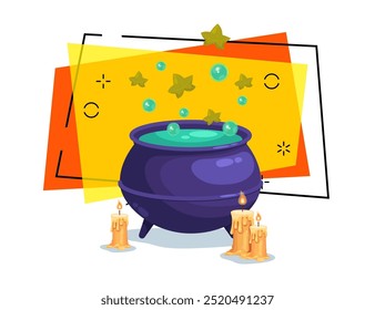 Boiling green potion in cauldron vector illustration with burning wax candles on abstract background. Halloween banner design. Celebration, magic, holiday concept. Can be used for poster or invitation