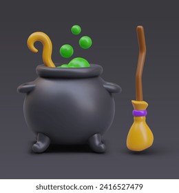 Boiling green toxic soup in black vat and flying broom. Elements for witch. Fantastic decoration. Concept of Halloween. Vector illustration in 3d style with black background