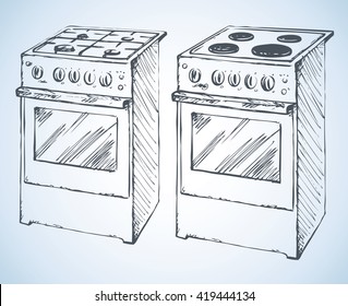 Boiling hotplate tables with four hot plate and buttons isolated on white background. Freehand outline ink hand drawn picture sketchy in art scrawl retro style pen on paper