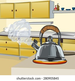Boiling iron kettle on the stove. The cozy interior of the kitchen. Place for cooking. Vector illustration.