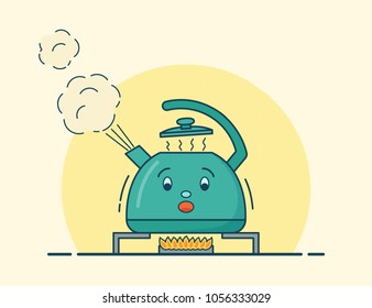 Boiling kettle. Character in flat design. Vector. Kettle boils on gas flame in line art style. Colorful animated cartoon illustration.