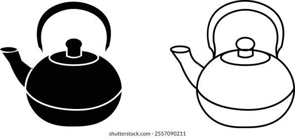 Boiling kettle icon set. Hot teapot with steam kitchenware sign flat and line vector collection isolated on transparent background. Traditional tea kettle for hot beverage or water scrapbooking design