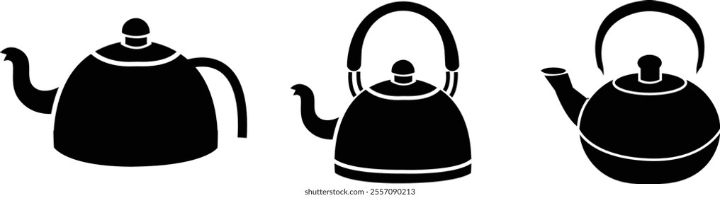 Boiling kettle icon set. Hot teapot with steam kitchenware sign flat vector collection isolated on transparent background. Traditional tea kettle for hot beverage or water scrapbooking design