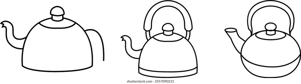 Boiling kettle icon set. Hot teapot with steam kitchenware sign line vector collection isolated on transparent background. Traditional tea kettle for hot beverage or water scrapbooking design