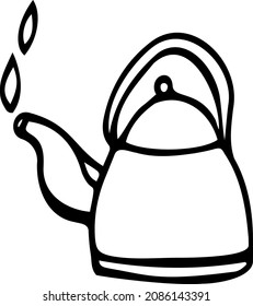 The boiling kettle is isolated on a white background. Vector black-and-white hand-drawn illustration. Clipart, logo, doodle. Tea, tea, hot drink, coffee.