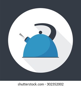 Boiling kettle with long shadow. Hot drinks service. Simple flat vector round icon . EPS 10.