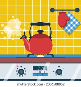 Boiling kettle with steam on a gas stove. Kettle and dishes in the kitchen. Kitchen surface. Vector illustration flat design. Isolated on white background.