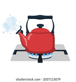 Boiling kettle. Boiling water. Kettle on gas flame. Evaporating water from the spout. Vector illustration flat design. Isolated on white background. Gas stove.