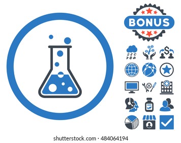 Boiling Liquid Flask icon with bonus elements. Vector illustration style is flat iconic bicolor symbols, smooth blue colors, white background.