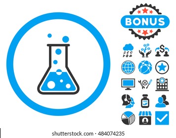 Boiling Liquid Flask icon with bonus symbols. Vector illustration style is flat iconic bicolor symbols, blue and gray colors, white background.
