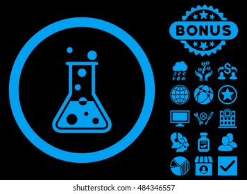 Boiling Liquid Flask icon with bonus design elements. Vector illustration style is flat iconic symbols, blue color, black background.