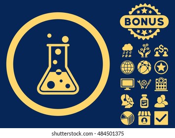 Boiling Liquid Flask icon with bonus images. Vector illustration style is flat iconic symbols, yellow color, blue background.